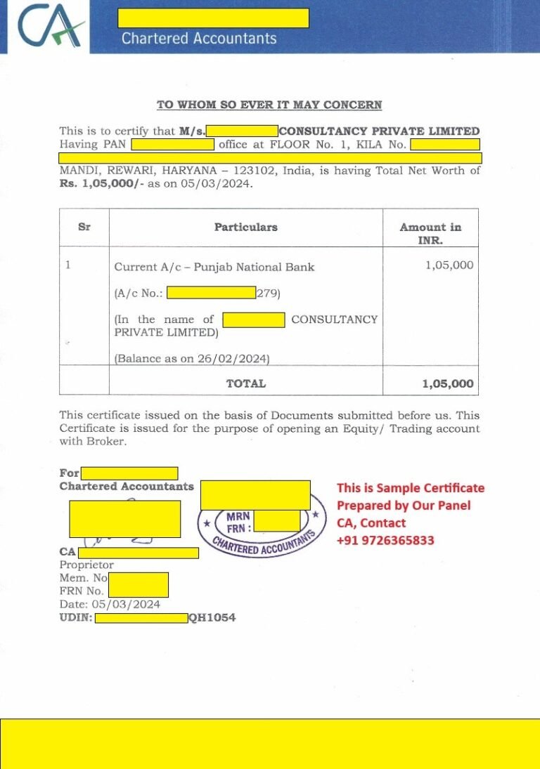 CA Net Worth Certificate DEMAT Investment Trading